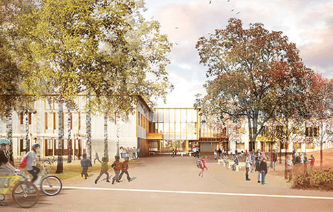 Arkitektonisk rendering av Viraskolan med elever och lärare på gården omgiven av färgglada höstträd.